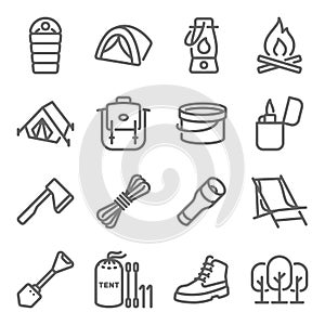 Camping icon illustration vector set. Contains such icon as Backpack, tent, travel, fire, boots, outdoor, sleeping bag and more. E