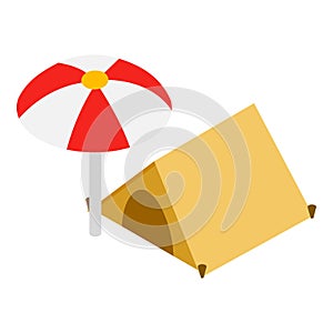 Camping icon isometric vector. Yellow open tourist tent and beach umbrella icon