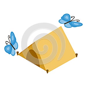 Camping icon isometric vector. Yellow open tourist tent and flying butterfly