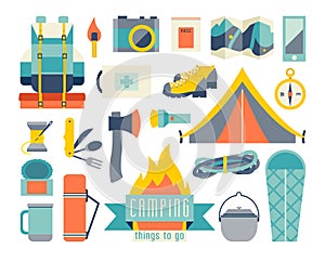 Camping icon set. Adventure hiking kit. Hiking and camping equipment.Tent camp