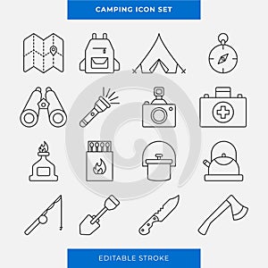 Camping icon set editable stroke