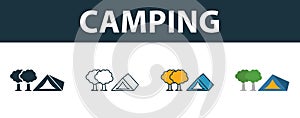 Camping icon set. Four simple symbols in diferent styles from tourism icons collection. Creative camping icons filled, outline,