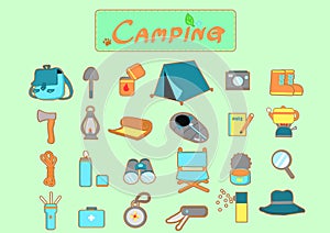 Camping icon set. Freehand drawing illustration cartoon style.