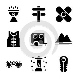 Camping icon set glyph style including barbeque,camp,cooking,survive,road sign,adventure,life jacket,caravan,mountain,landscape,