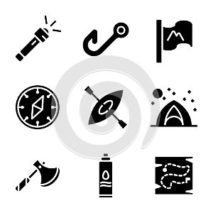 Camping icon set glyph style including flashlight,light,camp,bright,fishing,fish,survive,flag,mountain,adventure,compass,west,