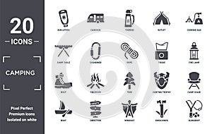 camping icon set. include creative elements as sun lotion, cooking gas, tissue, tree, direction, boot filled icons can be used for