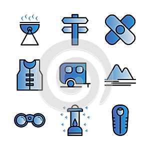 Camping icon set outline style including barbeque,camp,cooking,survive,road sign,adventure,life jacket,caravan,mountain,landscape,