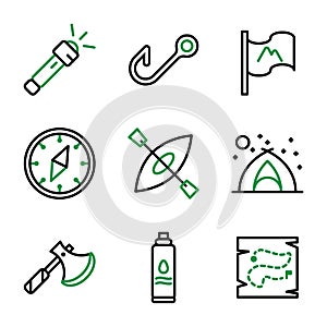 Camping icon set outline style including flashlight,light,camp,bright,fishing,fish,survive,flag,mountain,adventure,compass,west,