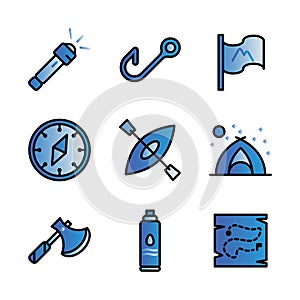 Camping icon set outline style including flashlight,light,camp,bright,fishing,fish,survive,flag,mountain,adventure,compass,west,