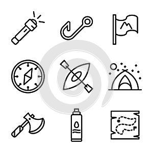 Camping icon set outline style including flashlight,light,camp,bright,fishing,fish,survive,flag,mountain,adventure,compass,west,