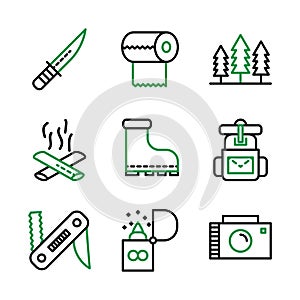 Camping icon set outline style including knife,cam,survive,adventure,tissue,camp,trees,camping,fire,bonfire,shoes,boots,climbing,