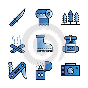 Camping icon set outline style including knife,cam,survive,adventure,tissue,camp,trees,camping,fire,bonfire,shoes,boots,climbing,