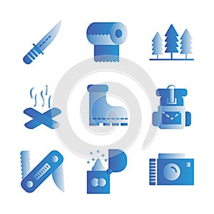 Camping icon set outline style including knife,cam,survive,adventure,tissue,camp,trees,camping,fire,bonfire,shoes,boots,climbing,