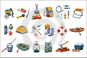 Camping icon set. Tourist equipment, items for fishing. Outdoor activity. Summer recreation. Flat vector design