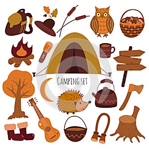 Camping icon set. Tourist equipment. Vector flat