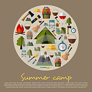 Camping icons collection. Summer Camping. Mountain Camp. Vector Illustration in Flat Design Style.Tent, map, compass, backpack, fl