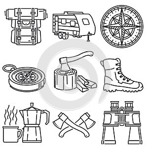 Camping Icons. Line art design- stock vector. For shirt or logo, print, stamp or tee.