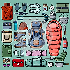 Camping icons set. Vector flat set of camping and hiking objects