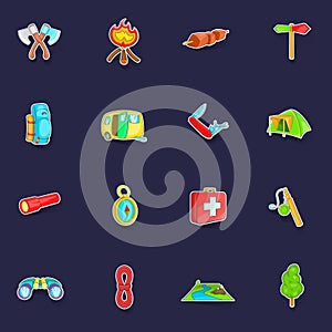 Camping icons set vector sticker