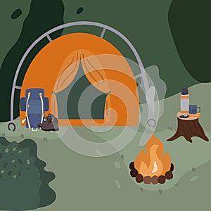 Camping illustration in flat style with tent, campfire, forest. Background for summer camp, nature tourism, camping or hiking