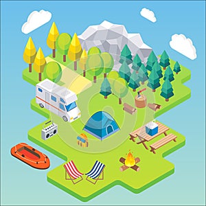 Camping isometric concept. Vector illustration in flat 3d style. Outdoor camp activity. Travel by camper in mountains