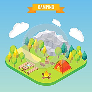 Camping isometric concept. Vector illustration in flat 3d style. Outdoor camp activity. Travel in mountains