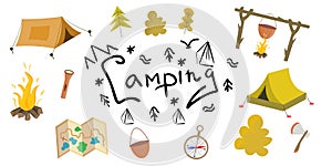 The camping kit is isolated on a white background. Vector illustration in a flat style. Tents, campfire, compass photo