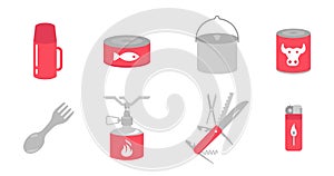 Camping kitchen set. Cookhouse traveling equipment kit. Outdoors tourist picnic. Flat vector colour illustration.