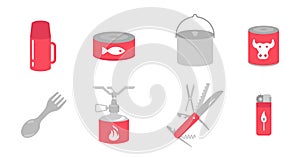 Camping kitchen set. Cookhouse traveling equipment kit. Outdoors tourist picnic. Flat vector colour illustration. photo