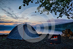 Camping lake sunrise