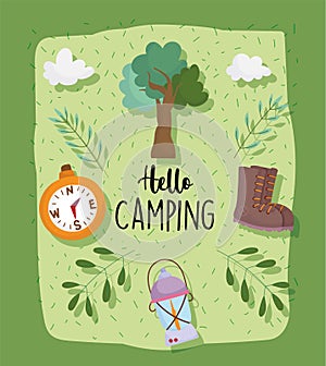Camping lantern boot compass tree vacations activity adventure design