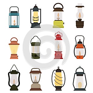 Camping lantern oil lamp vector collection