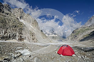 Camping on the Leschaux glacier in the french Alps