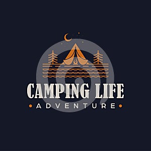 Camping life adventure vector logo design. Tent in forest logotype.