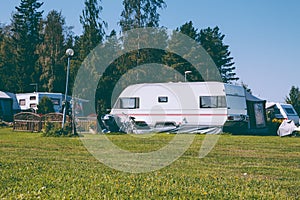 Camping life with caravans in nature park