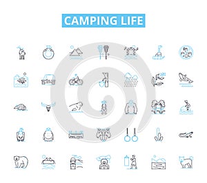 Camping life linear icons set. Adventure, Bonfire, Backpack, Tent, Hiking, Marshmallow, Nature line vector and concept