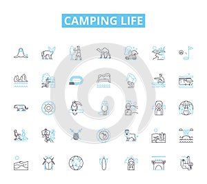 Camping life linear icons set. Adventure, Bonfire, Backpack, Tent, Hiking, Marshmallow, Nature line vector and concept