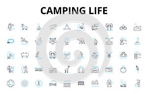 Camping life linear icons set. Adventure, Bonfire, Backpack, Tent, Hiking, Marshmallow, Nature vector symbols and line