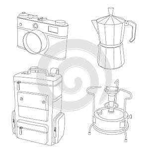 Camping line icons on white background. Vector illustration. Set include retro photo camera, geyser coffee maker