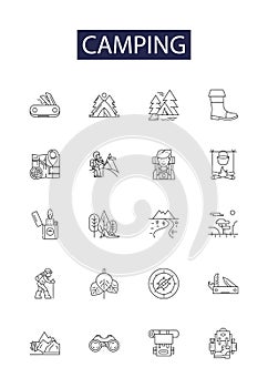 Camping line vector icons and signs. Backpacking, Tenting, Campfire, Pitching, Canoeing, Kayaking, Bushcraft, Outdoors