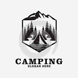 camping logo design inspiration with tent, tree and mountain illustration