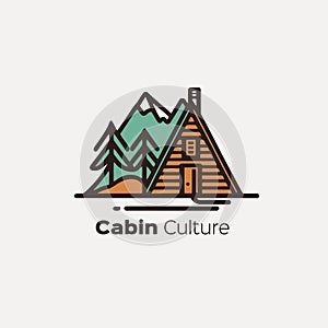 Camping logo design template, log cabin with mountains, vector illustration