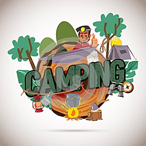 Camping logo graphic. camper with camping gear collection - vector