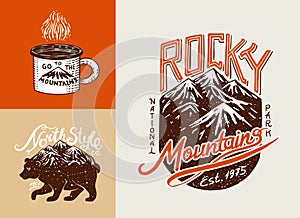 Camping logo and labels. Mountains and brown bear. Trip in the forest, outdoor and adventure. Colored badges on the