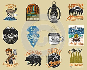 Camping logo and labels. Mountains and lumberjack, brown bear, mountain goat, pine trees. Trip in the forest, outdoor