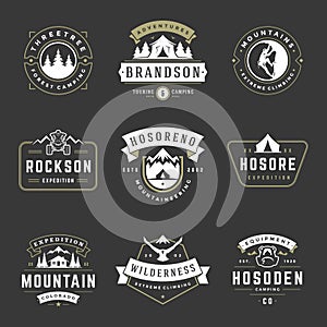 Camping logos templates vector design elements and silhouettes set