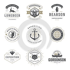 Camping logos templates vector design elements and silhouettes set