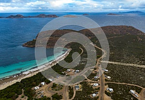 Camping and Lucky bay beach from bird view