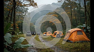 Camping in Lush Green Forest with Orange Tents