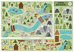 Camping map creator. Set of flat cartoon elements for constructing summer camp activity. Vector nature clip art with mountains,